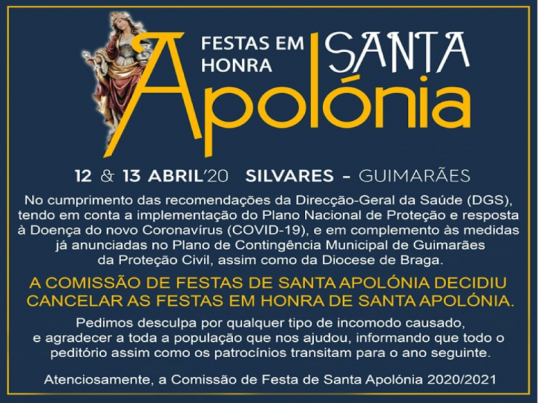 Preven&ccedil;&atilde;o COVID 19 | Cancelamento das Festividades em Honra de Santa Apol&oacute;nia