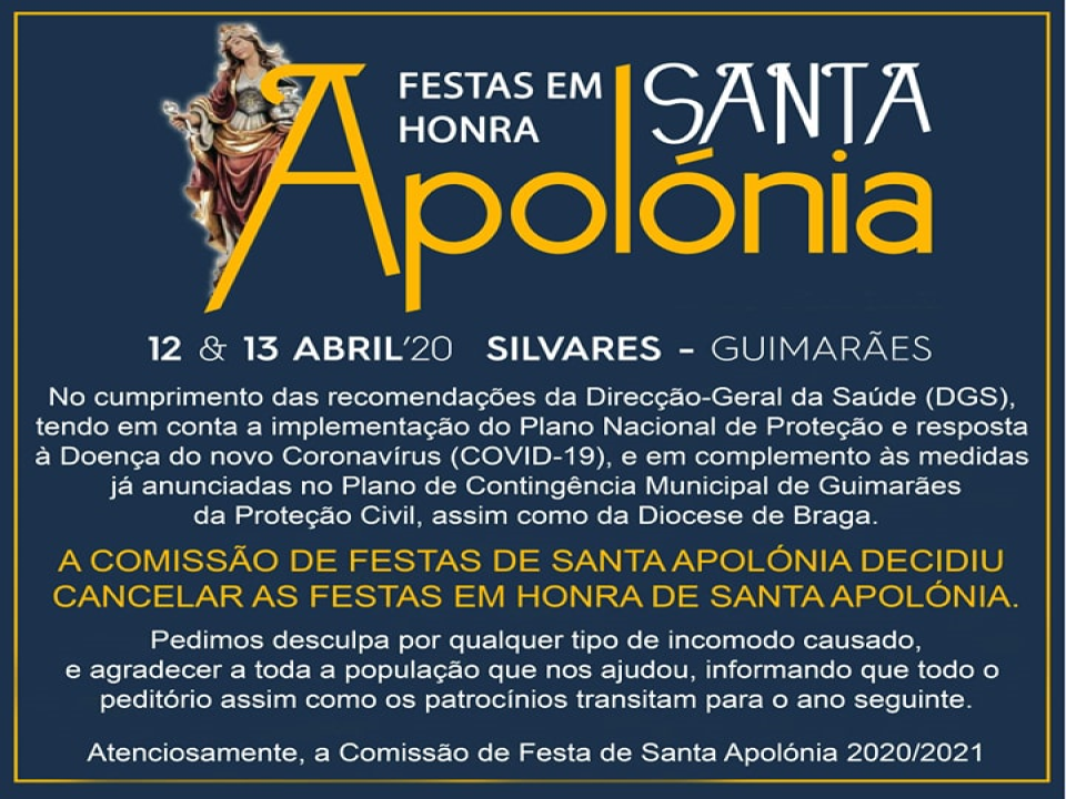 Prevenção COVID 19 | Cancelamento das Festividades em Honra de Santa Apolónia
